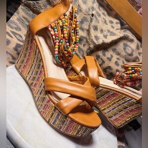 Dream Paris Women’s Tan Multicolor Beaded Wedges